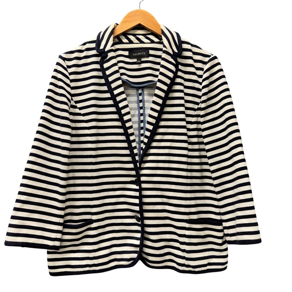 Talbots Blazer Womens Large Blue‎ White Stripe Coastal Nautical Cotton Blend